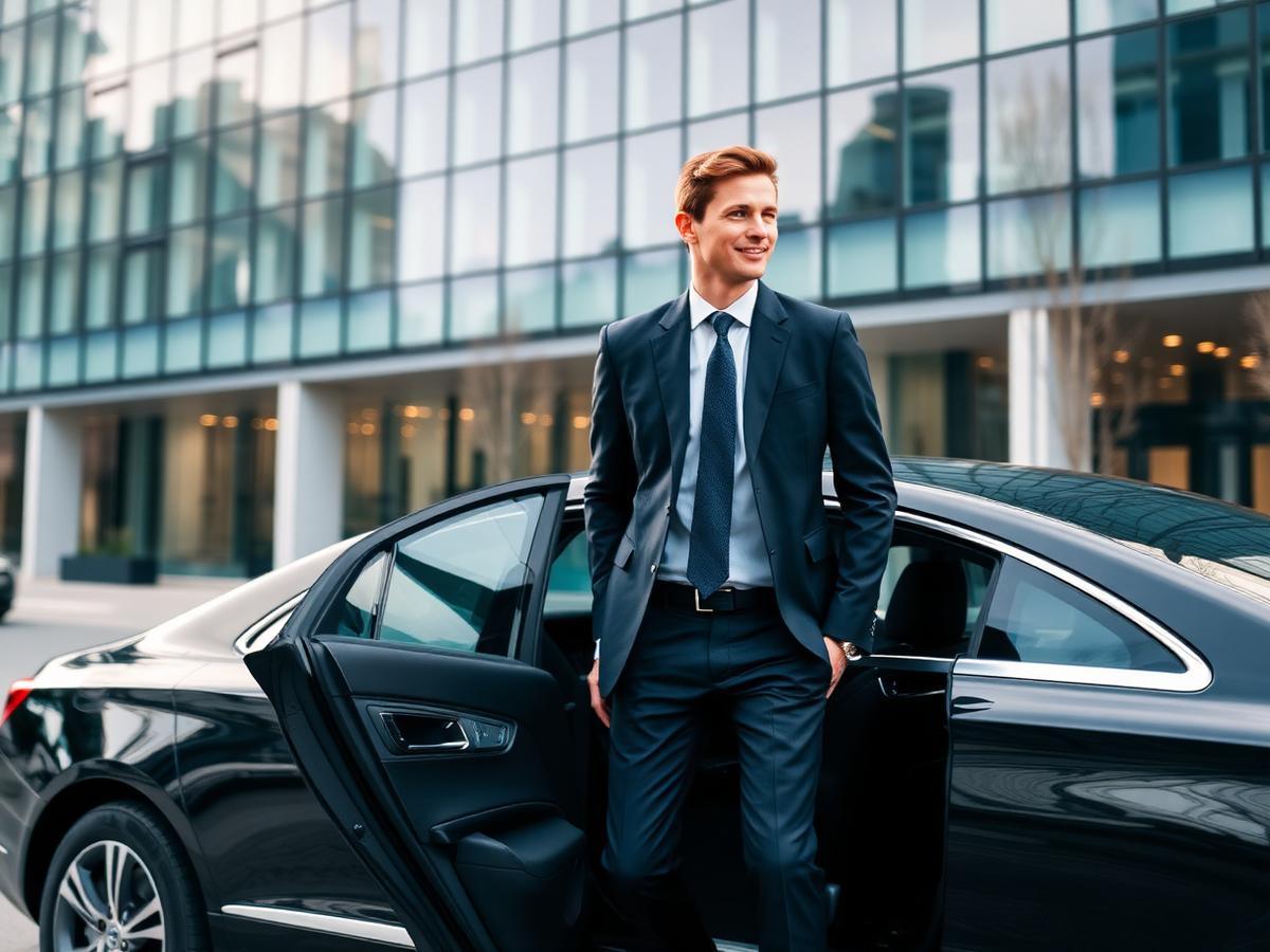 Business traveller getting into a black sedan outside an office building