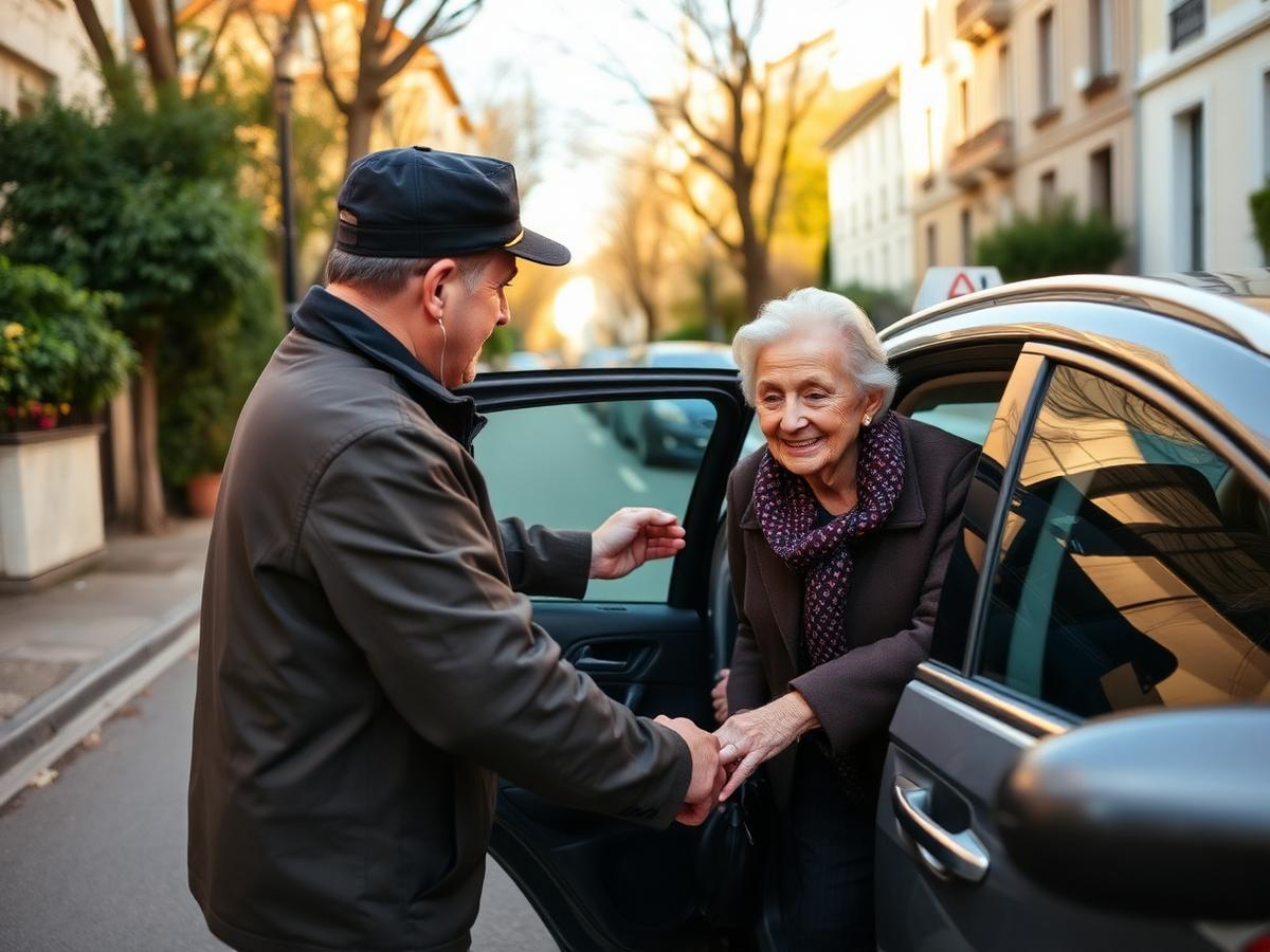 Taxi driver helping an elderly lady out of the car